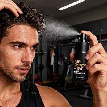Man applying HaloGrow Hair Growth Spray with biotin and caffeine